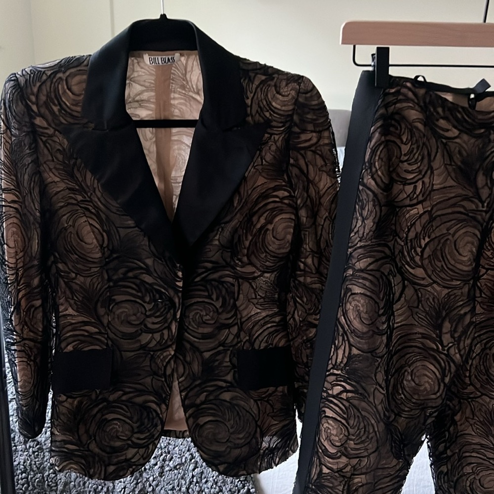 Bill Blass Satin Tuxedo Suit with Floral Lace overlay